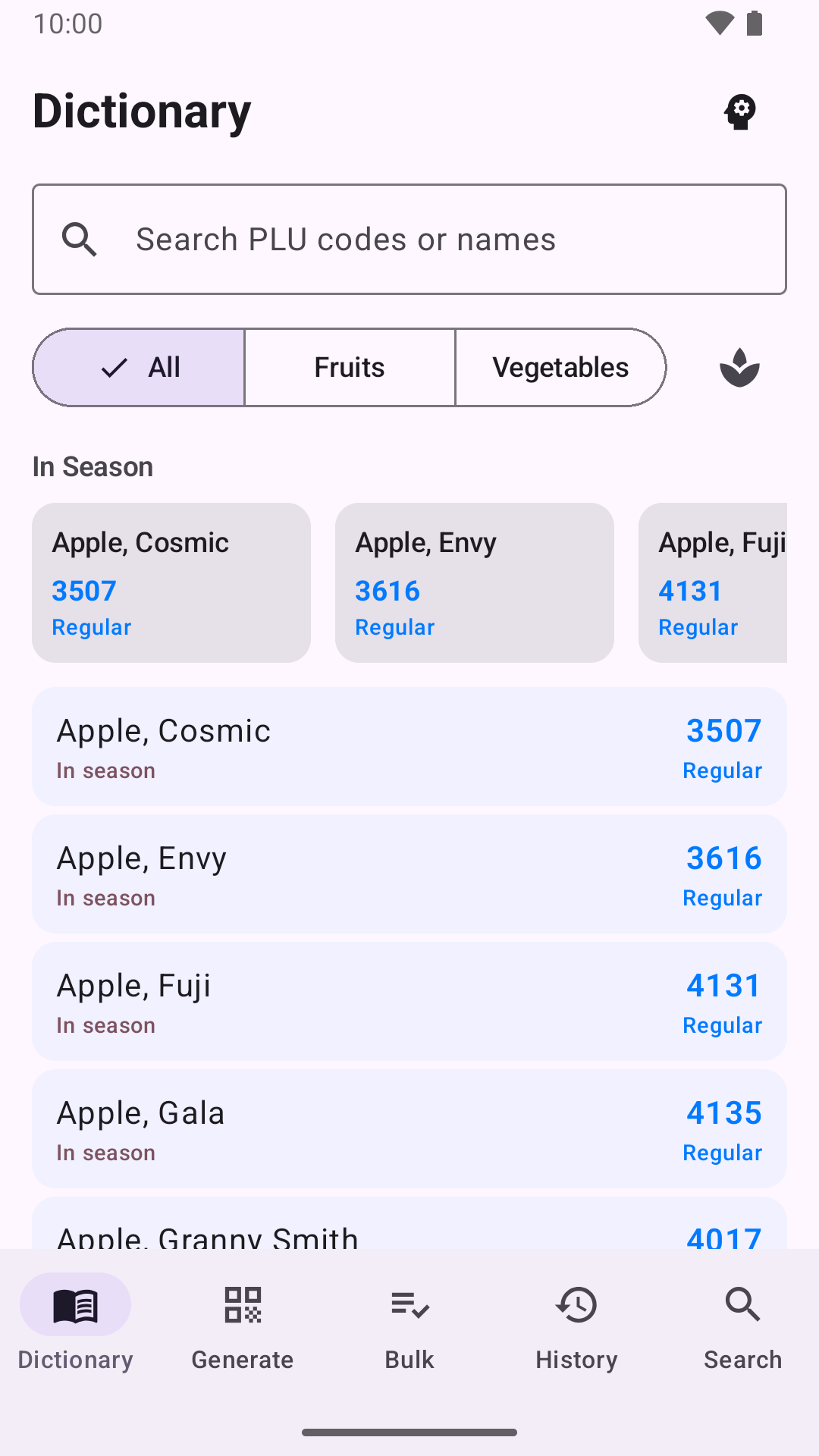 The PLU produce dictionary in WatchBar for Android, with in-season highlights