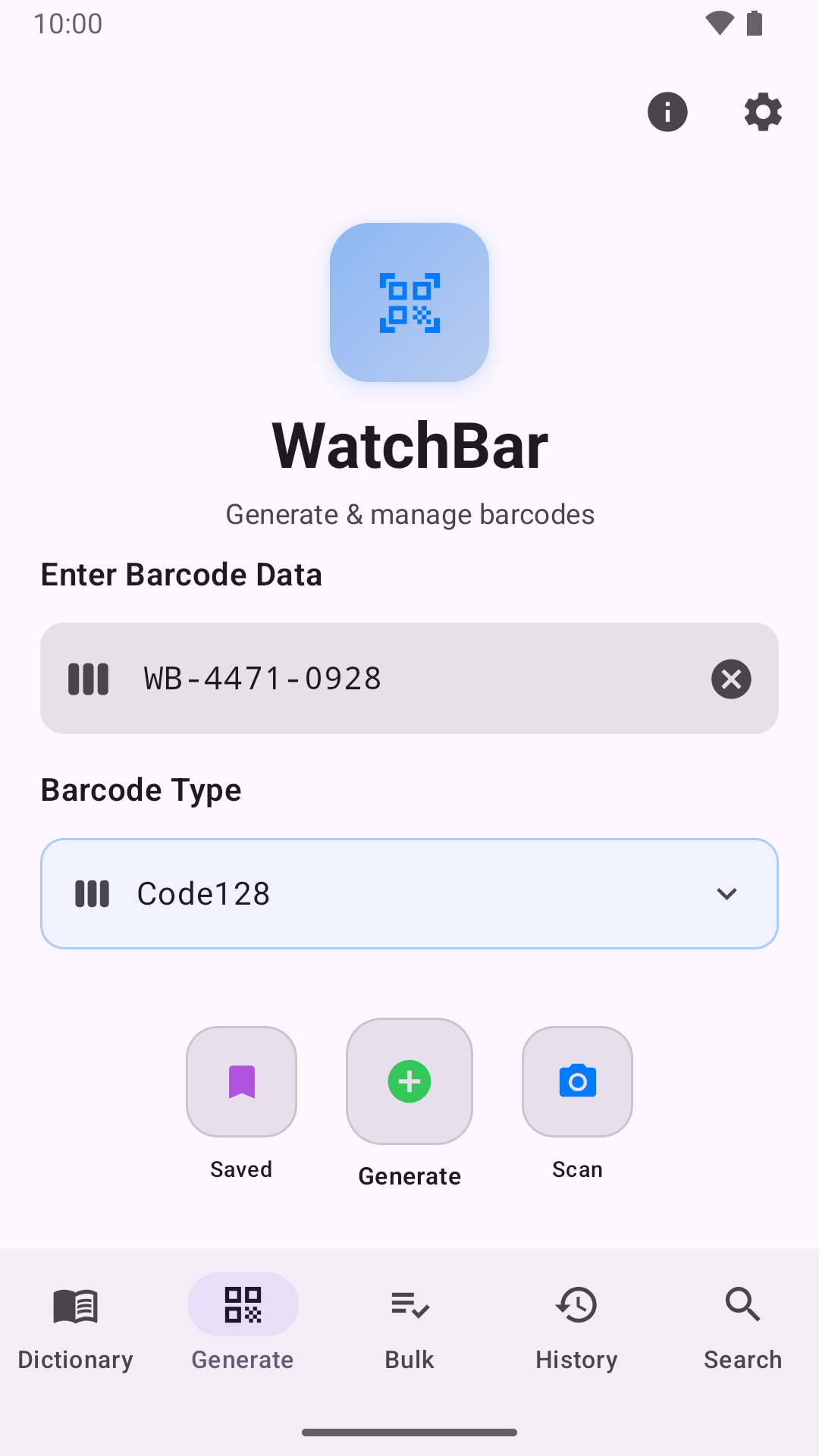 The Generate tab on Android, with a type chosen and ready to go
