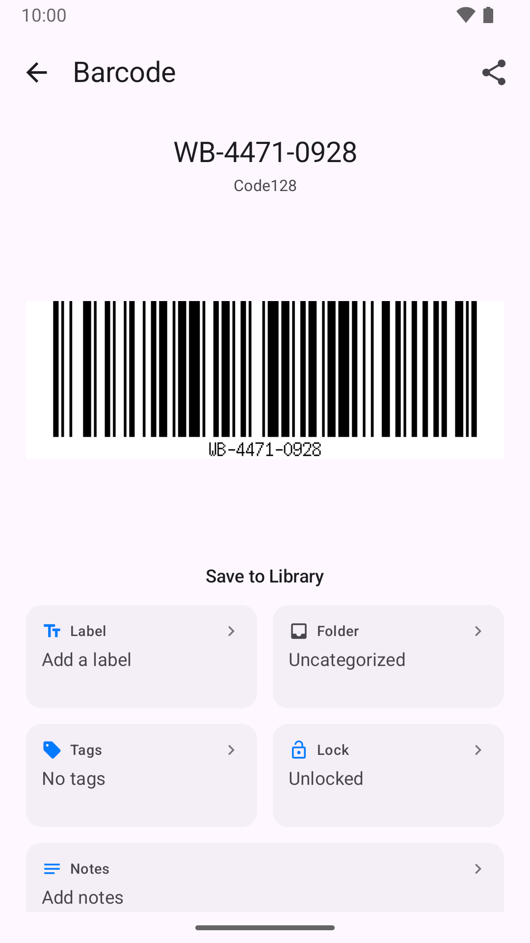 A generated Code 128 barcode in WatchBar for Android, ready to save to the library
