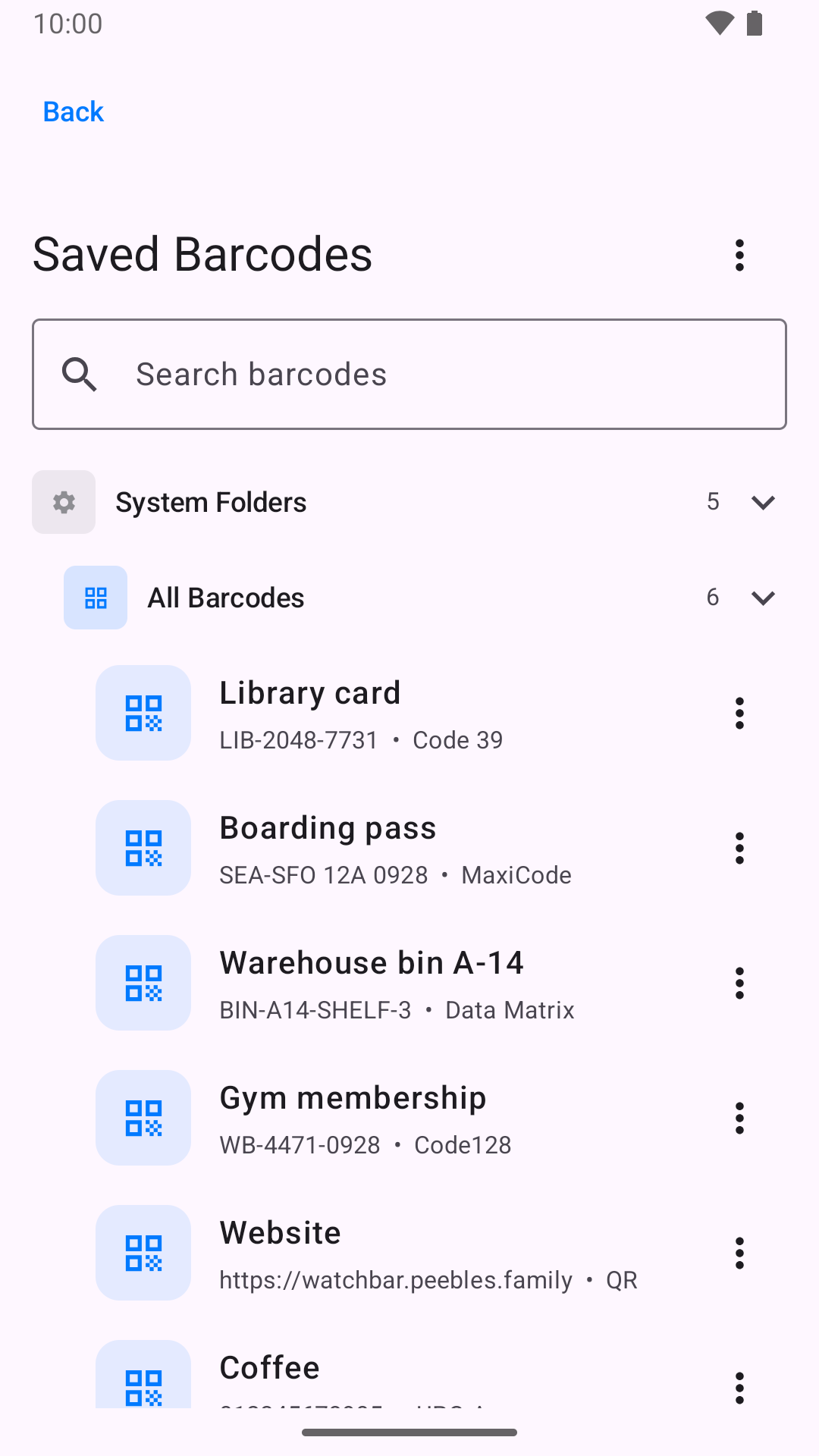 Saved barcodes, organized into folders