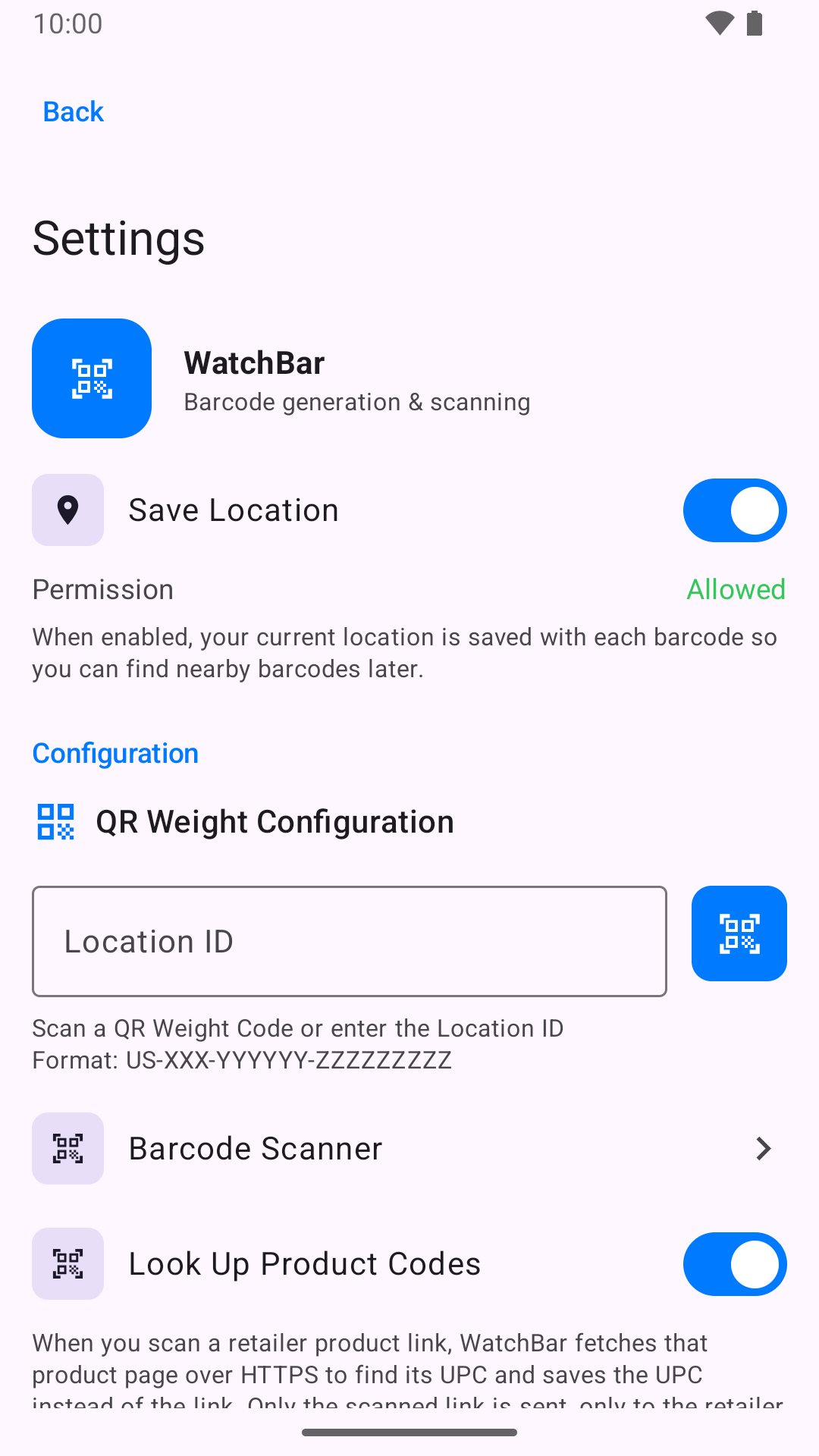 Settings on Android, including the Save Location and product-code lookup switches